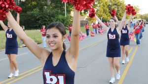 The Patriot cheerleaders lead the Bob Jones Band in the 2012 homecoming parade. (RECORD PHOTO) 