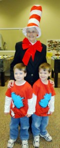 Roma Wing welcomes twins Luke and Logan Hall. Luke, the older, was Thing 1, while Logan portrayed Thing 2. (RECORD PHOTO/GREGG PARKER)
