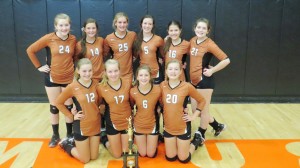 Liberty's eighth-grade volleyball team includes (front, from left) Kyndal Oden, Katie Sharp, Avery Lee and Alexandra Leudesdorf and (back, from left) Kenzie Beckett, Brittan Davis, Sydney Miller, Bronte Ray, Michelle Schikner and Joanna Russell. Jodi Jones and Mike Thorum are coaches. (CONTRIBUTED)