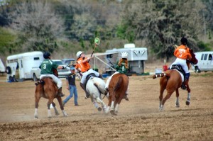 Dust flies during a polocrosse tournament earlier this year. Emily Bohatch and Sydney Burch of Madison are Tennessee Valley Polocrosse Club members. (CONTRIBUTED) 