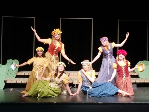 Rehearsing a scene from "Androcles and the Lion" are Sarah Barker, standing from left, and Marissa Plunk and Kristen Mitchell, seated from left, Delaney Mayer, Kat Cox and Abby Hubbard. (CONTRIBUTED)