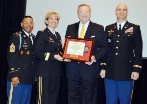 Senior Redstone Commander Lt. Gen. Patricia E. McQuistion, second from left, presents a certificate of appreciation to superintendent Dr. Dee Fowler, second from right. Other officers at the presentation were Deputy Garrison Commander Sgt. Maj. Kyle Crump, left, and U.S. Army Garrison Commander Col. William L. Marks. (CONTRIBUTED) 