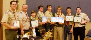 Shawn Holcomb, from left, and Reed Carpenter received the Wood Badge Award and helpe Tucker Pearson, Zach Nash, Samuel Sandstrom, Zach Holcomb and Colton Pearson to receive the Eagle Scout Award. (CONTRIBUTED) 
