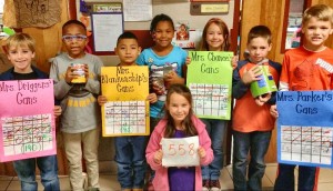Second-graders in Annette Driggers', Sarah Blankenship's, Summer Chance's, Carolyn Parker's and Molly Wright's classes at Horizon Elementary School show their tallies for food that they collected for the Downtown Rescue Mission. (CONTRIBUTED)  
