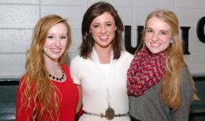 Lauren Harksen, at left, visits during rehearsals for Distinguished Young Woman of Alabama with the 2014 winner Madeline Powell and Kayla Sherbert, representing Talladega County. (CONTRIBUTED) 