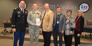 Participants in the U.S. Army Garrison Education Meeting included Garrison Commander Col. William L. Marks, from left, Sgt. Joseph Lemon, superintendent Dr. Dee Fowler, Madison Board of Education members David Hergenroeder and Connie Spears and director of special education Dr. Maria Kilgore. (CONTRIBUTED) 