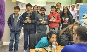 Competitors at the regional MATHCOUNTS Competition Series from Liberty Middle School included Kevin Song, from left, Eric Lee, eighth-grade coach Amber Merrill, Anshul Moondra, Lawrence Zhang, Kevin Zheng and Sumedha Bobba. (CONTRIBUTED) 