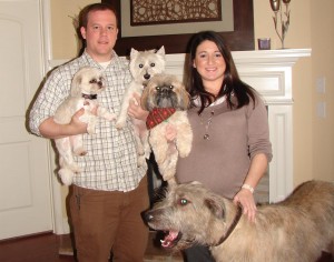 Mike and Melissa Cox own Petz Carlton pet-sitting community. Mike is holding client dogs Lucy, a Shih Tzu, from left, and Lola, a West Highland Terrier. Melissa holds their pets, Shih Tzu Lily and Irish Wolfhound Kya. (CONTRIBUTED) 