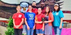 Horizon Elementary School PTA members with the Family-School Partnership Award for Communications are Karen Purser, front from left, Erin Cornelius, Mary Dougherty, Leanne McGee, and Kristin Ott and, back from left, PTA President Chris Cornelius and Horizon Principal Rodney Richardson. (CONTRIBUTED) 