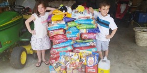 Addison and Owen Chalmers admire about 500 pounds of pet food, which they collected for Madison Animal Rescue Foundation, instead of receiving birthday gifts. (CONTRIBUTED) 