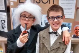 Owen Long, at left, portrayed Albert Einstein and Colby Bong depicted Thomas Edison for the Living History Museum at Madison Elementary School. (CONTRIBUTED) 