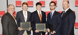 Three Auburn University students from Madison County received scholarships from the Madison County Farmers Federation and the federation's Alabama Farmers Agriculture Foundation. Federation officers Jimmy Parnell, at left, and Rex Vaughn congratulate Connor Webster, Jake Patterson and Tyler Miller. (CONTRIBUTED) 