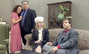 Cast members in "The Philadelphia Story" by Theatre Huntsville include Stephanie Hyatt (Tracy Lord), from left, Carlos Bofill (George Kittredge), Claire Mitchell (Liz Imbrie) and Tyler Englad (Sandy Lord). (CONTRIBUTED) 