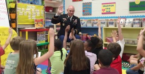 Col. Bill Marks from Redstone Arsenal visited with Horizon Elementary School students during the joint news conference for Impact Aid funds. (CONTRIBUTED) 