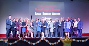 Winners and finalists for Madison Chamber of Commerce's 2015 Small Business Awards assembled for a photo after the event. (CONTRIBUTED) 
