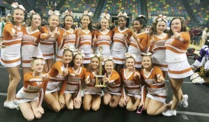 : Cheerleaders from Liberty Middle School celebrate their first-place win among the state's junior high, 7A medium-size schools. CONTRIBUTED