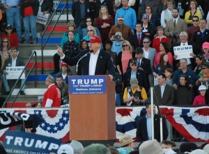 Donald Trump speaks to the crowd assembled for his campaign rally at Madison City Schools Stadium. RECORD PHOTOS/LINDSAY VAUGHT