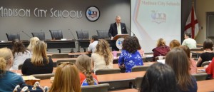 Concerned residents and parents listen as Madison City Schools Superintendent Dr. Dee Fowler speaks at a joint meeting of Madison Board of Education and Madison City Council to discuss the impact of Limestone County taxes. CONTRIBUTED