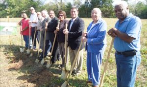 Church leaders and city officials broke ground for Little Shiloh PB Church's new building at 204 Brown's Ferry Road. The group includes Deacon Christopher Seay, from left, Adam Johnson, Sandy Betts, Councilman Mike Potter, Pastor Reginald Johnson, Martha Betts Conley, Mayor Troy Trulock, Mother Cora Davis and Deacon James Rodgers. RECORD PHOTOS/Gregg L. Parker